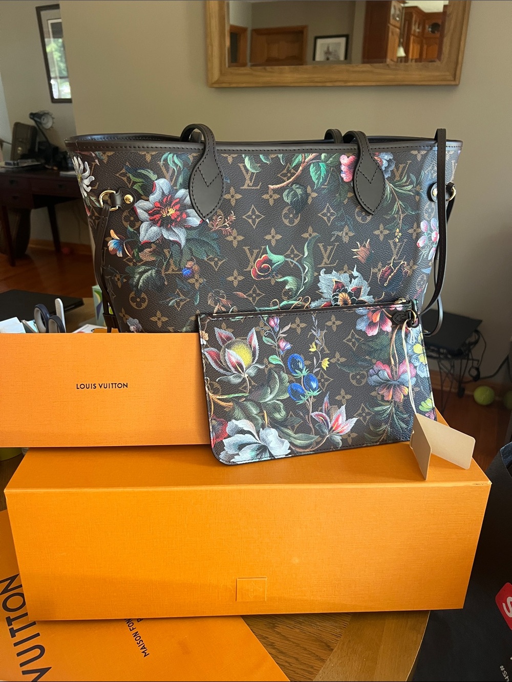 M:28918-Louis Vuitton Brown Floral Monogram Neverfull MM with Multicolor Accents - Picture 2 of 6